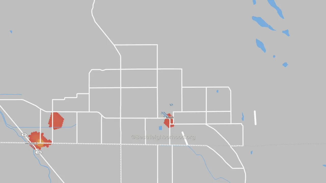 Walk Grade map of Malin, OR, walkable areas in green and car-dependent areas in red