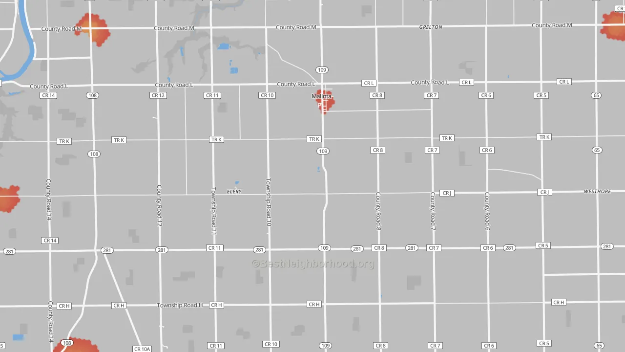 Walk Grade map of Malinta, OH, walkable areas in green and car-dependent areas in red