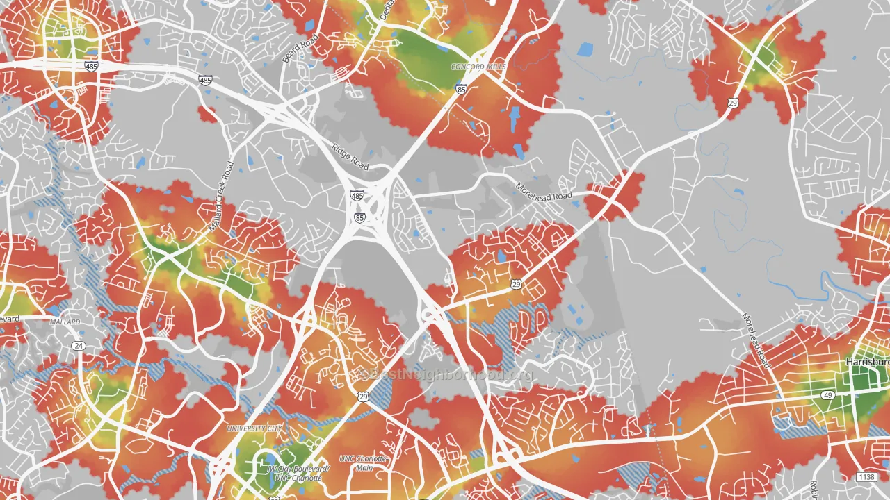 Walk Grade map of Mallard Creek-Withrow Downs, Charlotte, NC, walkable areas in green and car-dependent areas in red