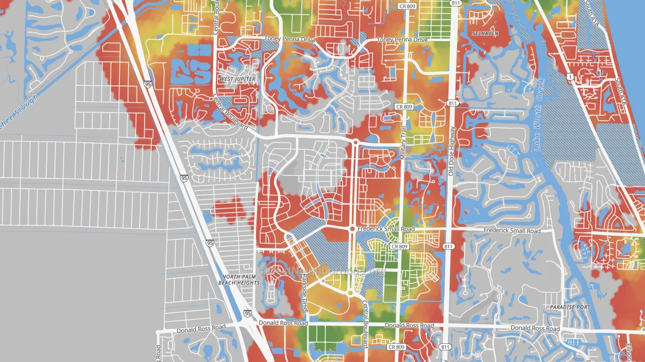 Walk Grade map of Mallory Creek at Abacoa, Jupiter, FL, walkable areas in green and car-dependent areas in red