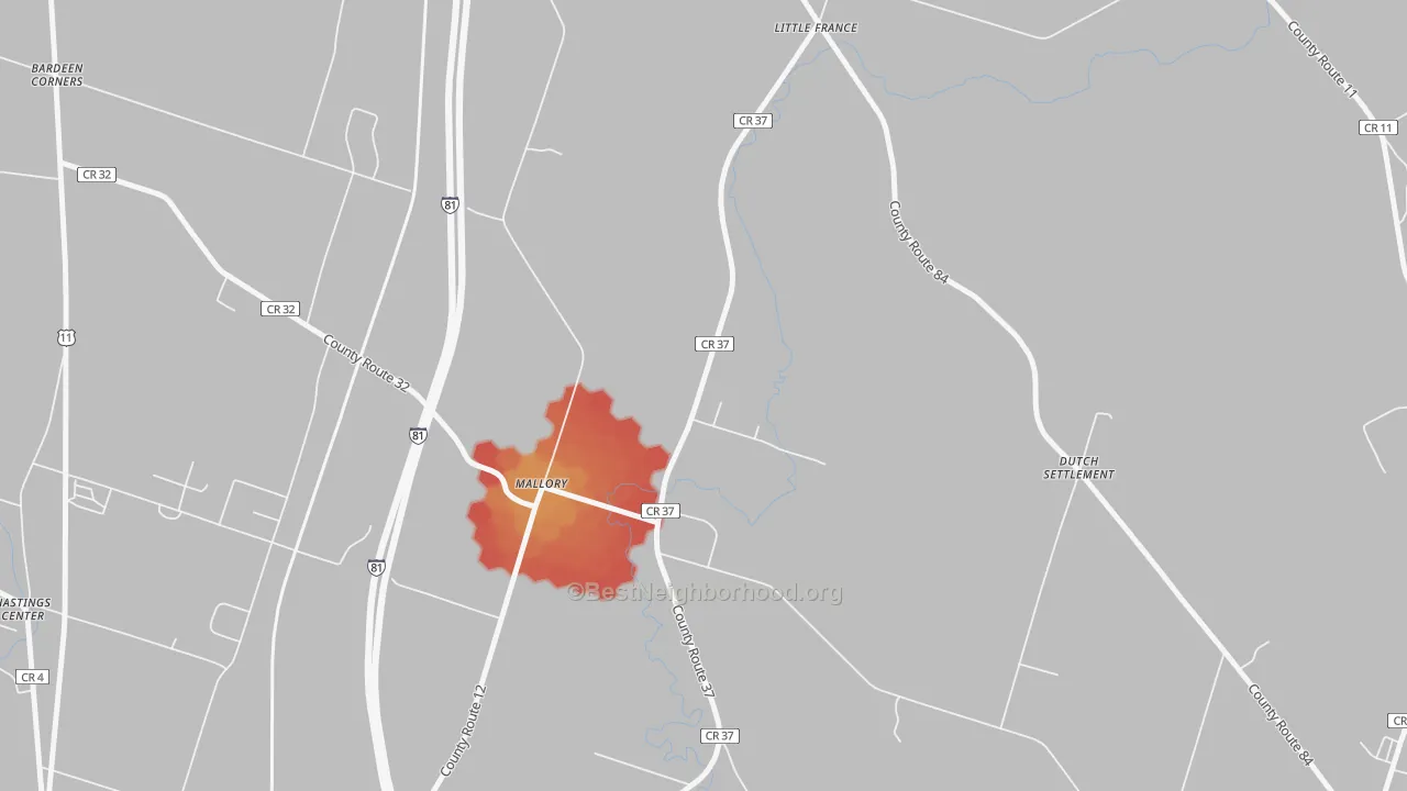 Walk Grade map of Mallory, NY, walkable areas in green and car-dependent areas in red