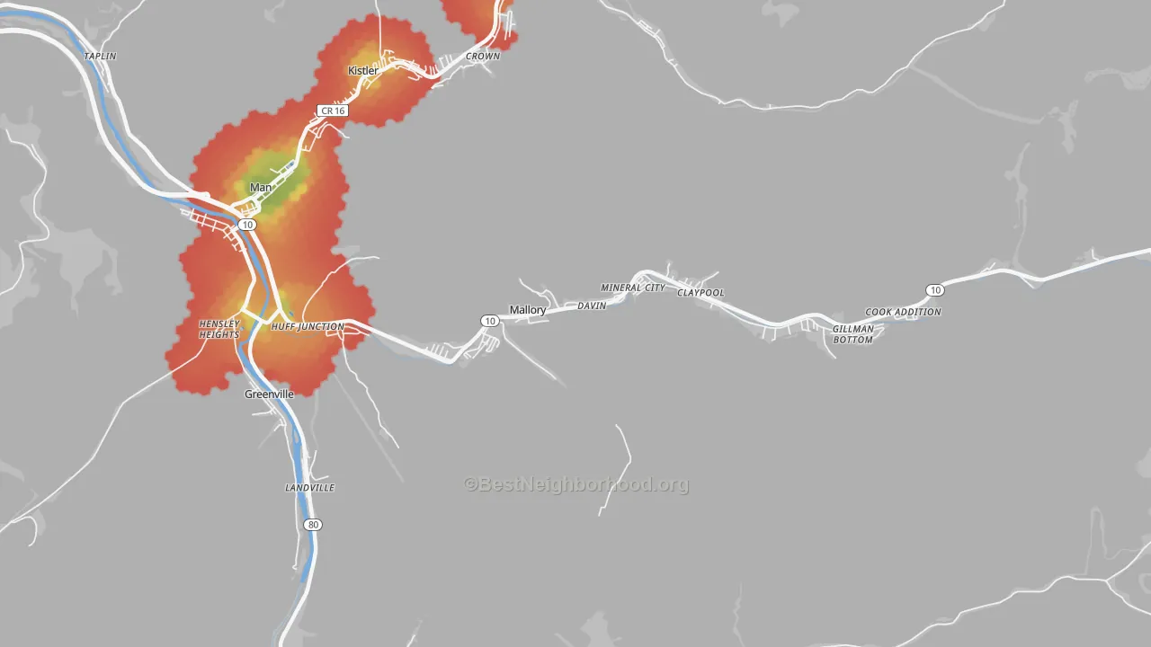 Walk Grade map of Mallory, WV, walkable areas in green and car-dependent areas in red