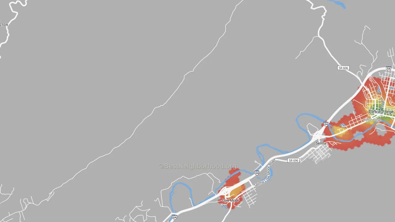 Walk Grade map of Mallow, VA, walkable areas in green and car-dependent areas in red
