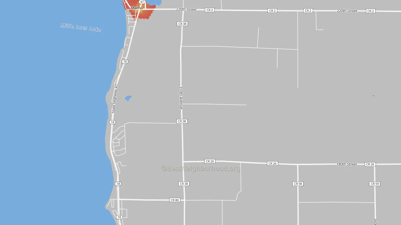 Walk Grade map of Malmo, MN, walkable areas in green and car-dependent areas in red