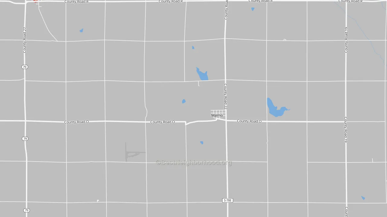 Walk Grade map of Malmo, NE, walkable areas in green and car-dependent areas in red