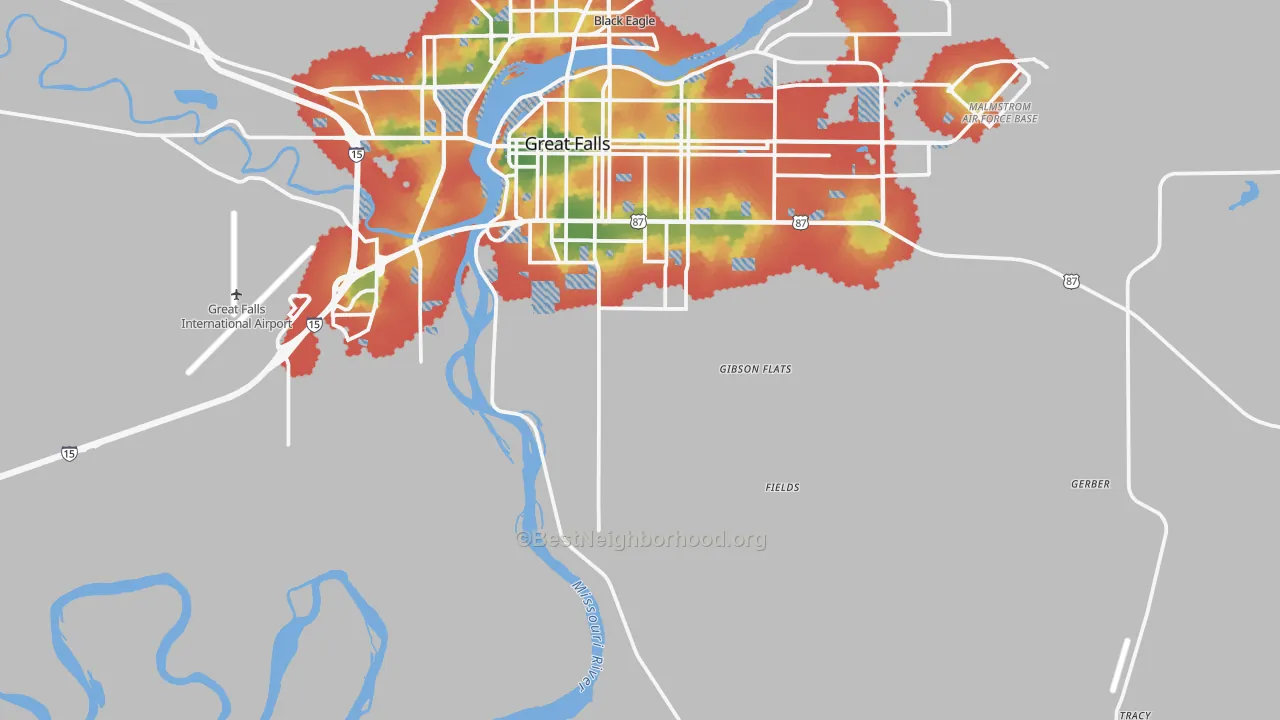 Walk Grade map of Malmstrom Air Force Base, MT, walkable areas in green and car-dependent areas in red