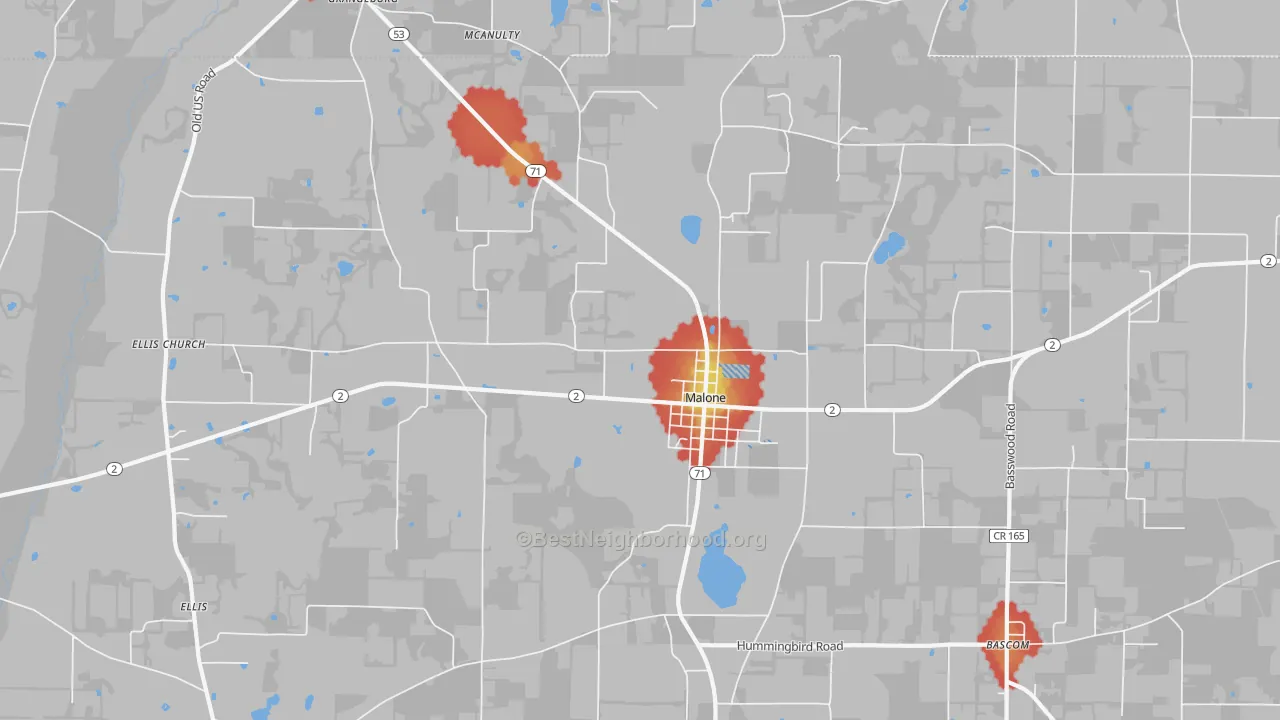 Walk Grade map of Malone, FL, walkable areas in green and car-dependent areas in red