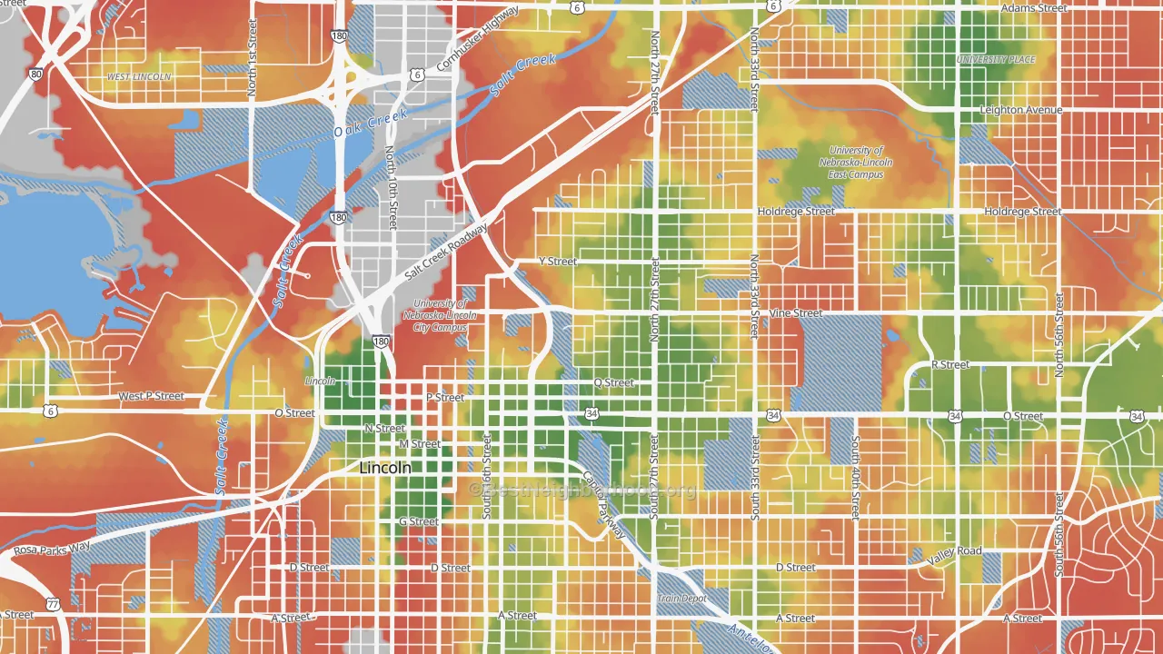 Walk Grade map of Malone, Lincoln, NE, walkable areas in green and car-dependent areas in red
