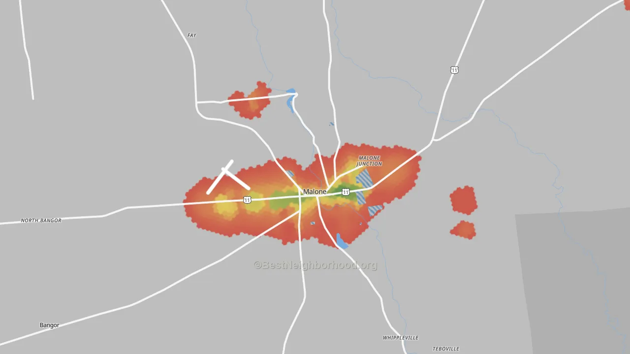 Walk Grade map of Malone, NY, walkable areas in green and car-dependent areas in red