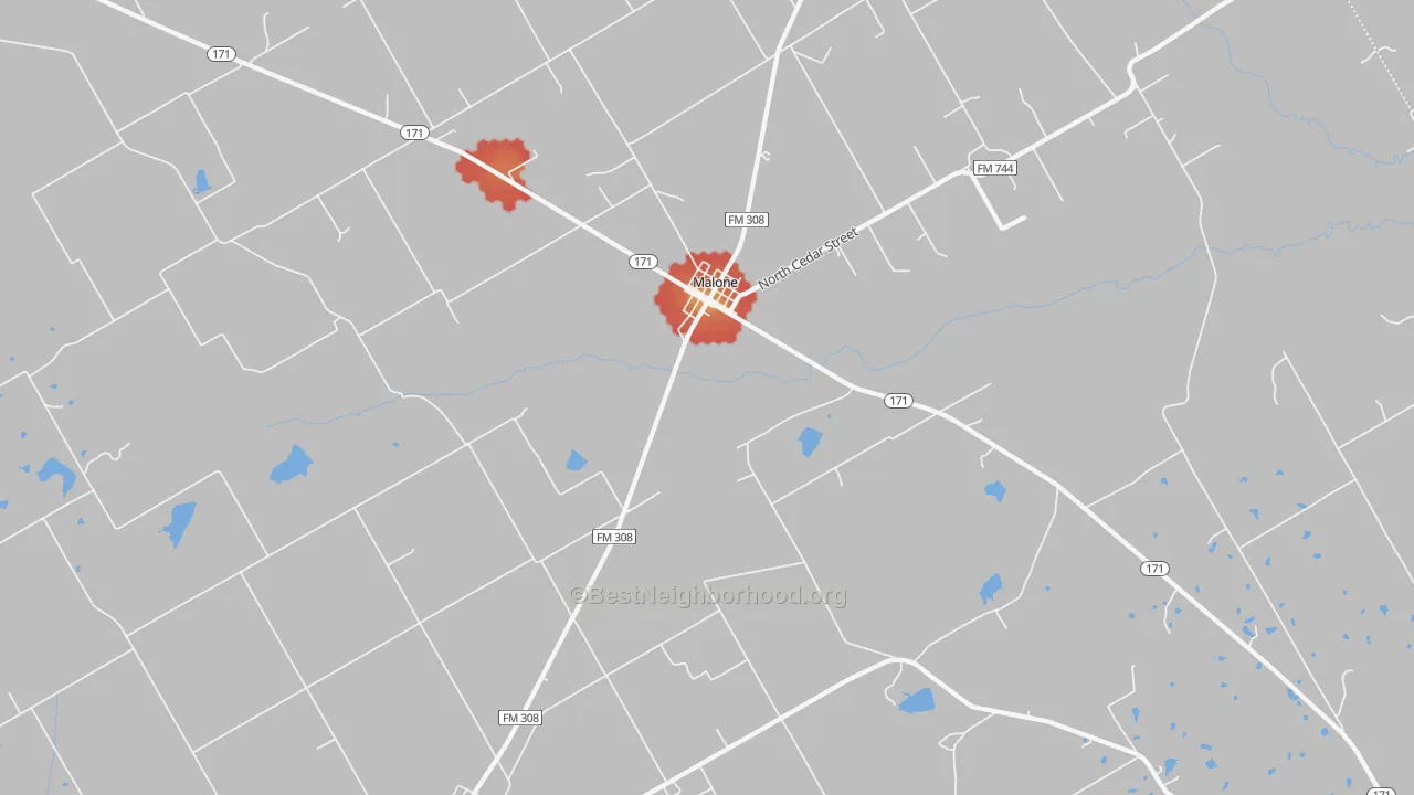 Walk Grade map of Malone, TX, walkable areas in green and car-dependent areas in red