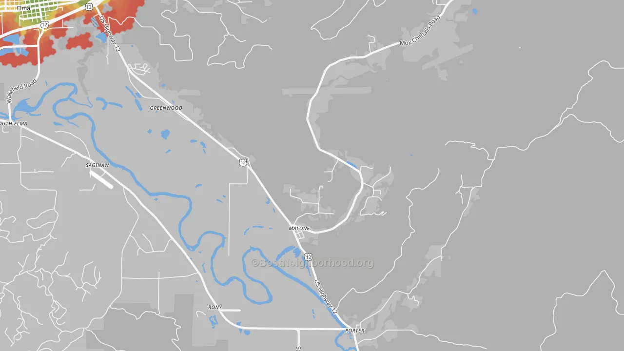 Walk Grade map of Malone, WA, walkable areas in green and car-dependent areas in red