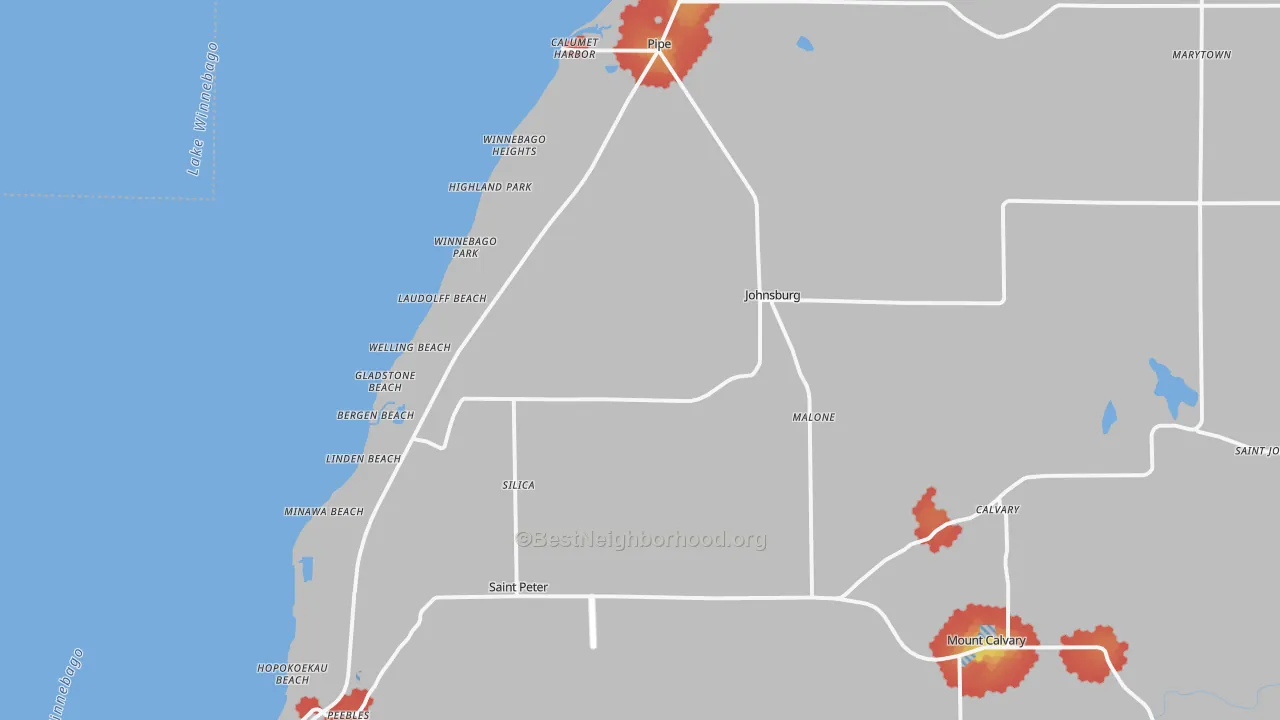 Walk Grade map of Malone, WI, walkable areas in green and car-dependent areas in red