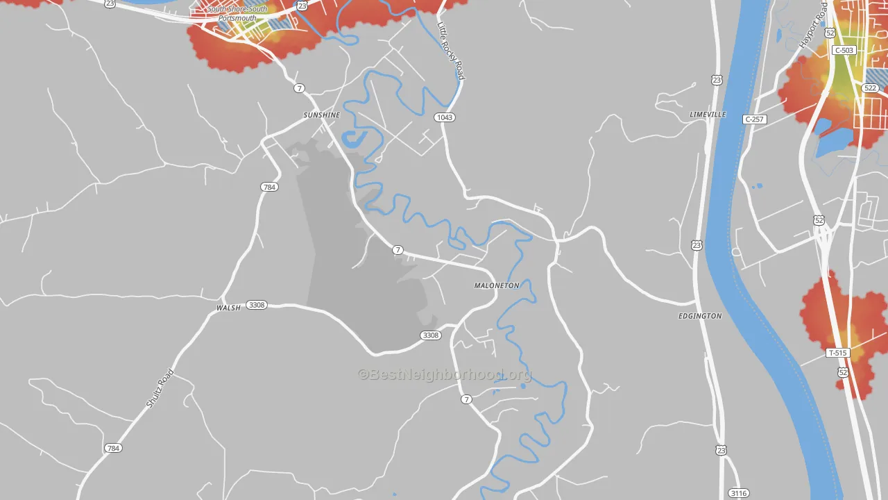 Walk Grade map of Maloneton, KY, walkable areas in green and car-dependent areas in red