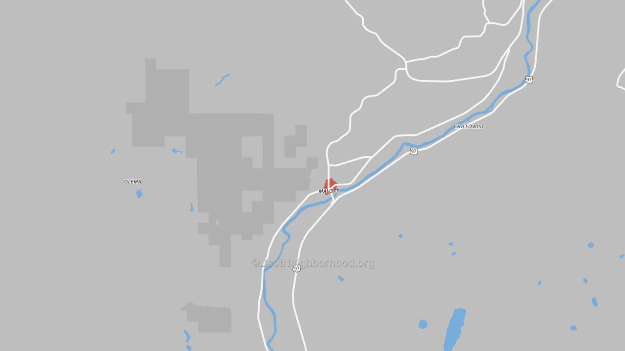 Walk Grade map of Malott, WA, walkable areas in green and car-dependent areas in red