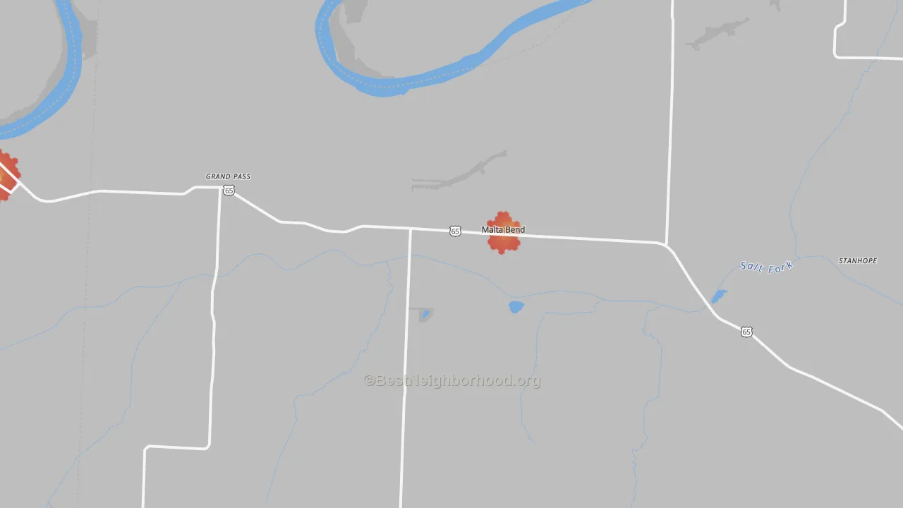 Walk Grade map of Malta Bend, MO, walkable areas in green and car-dependent areas in red