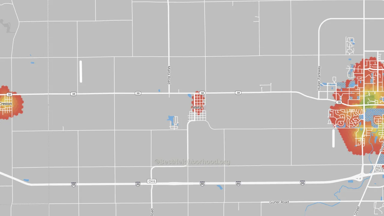 Walk Grade map of Malta, IL, walkable areas in green and car-dependent areas in red