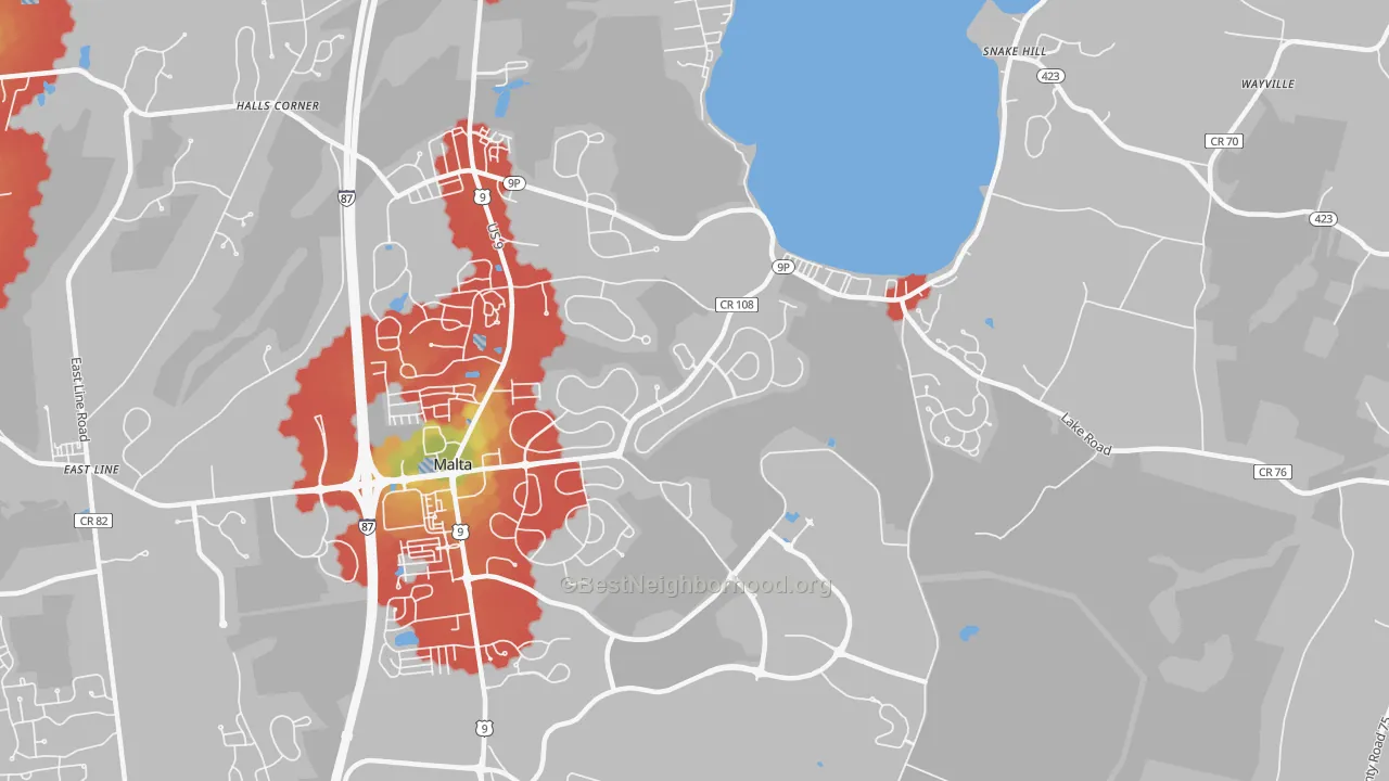 Walk Grade map of Malta, NY, walkable areas in green and car-dependent areas in red