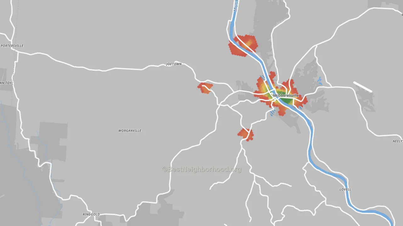 Walk Grade map of Malta, OH, walkable areas in green and car-dependent areas in red