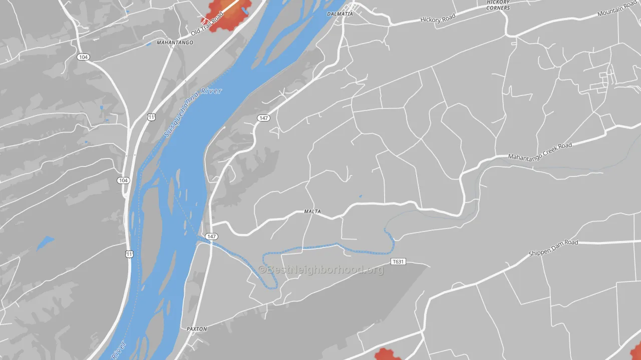 Walk Grade map of Malta, PA, walkable areas in green and car-dependent areas in red
