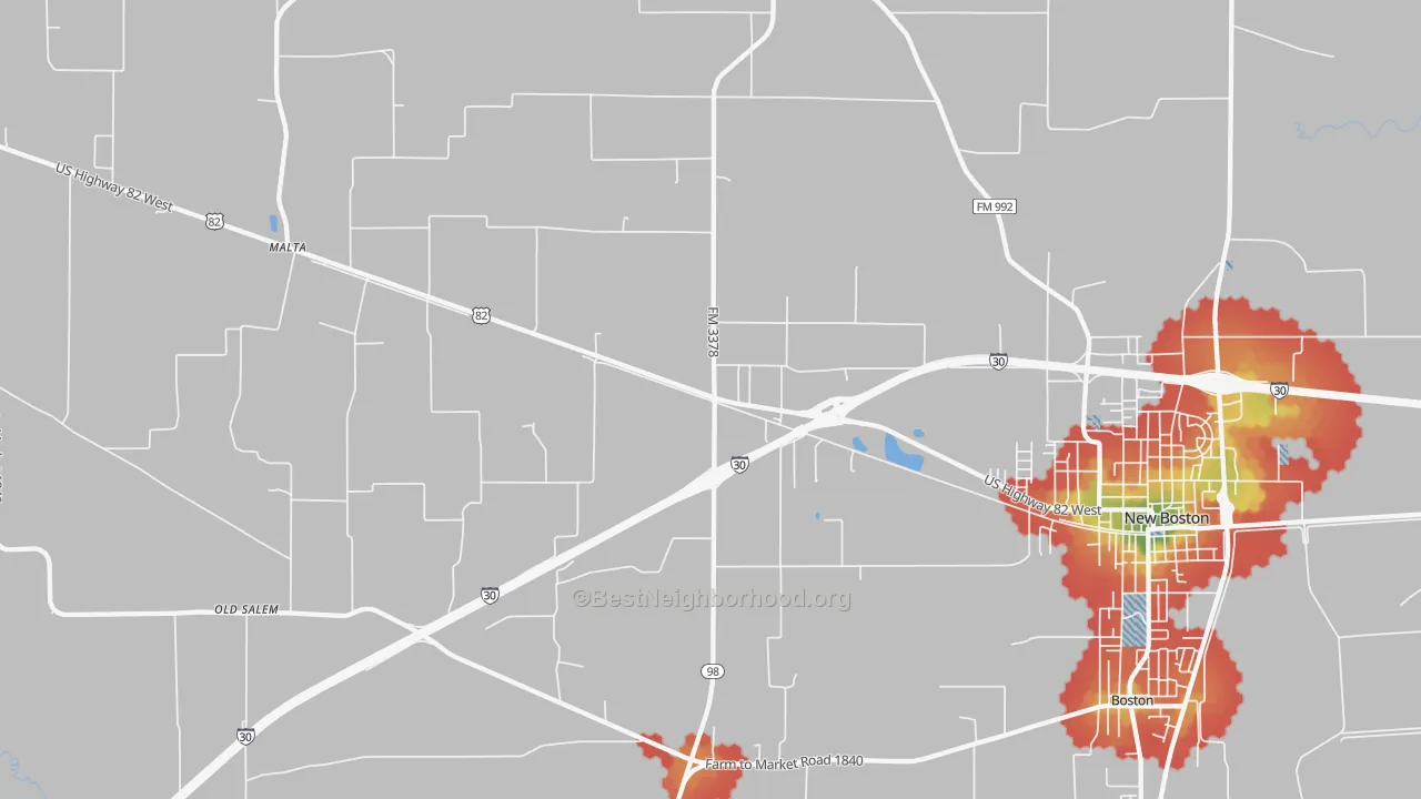 Walk Grade map of Malta, TX, walkable areas in green and car-dependent areas in red