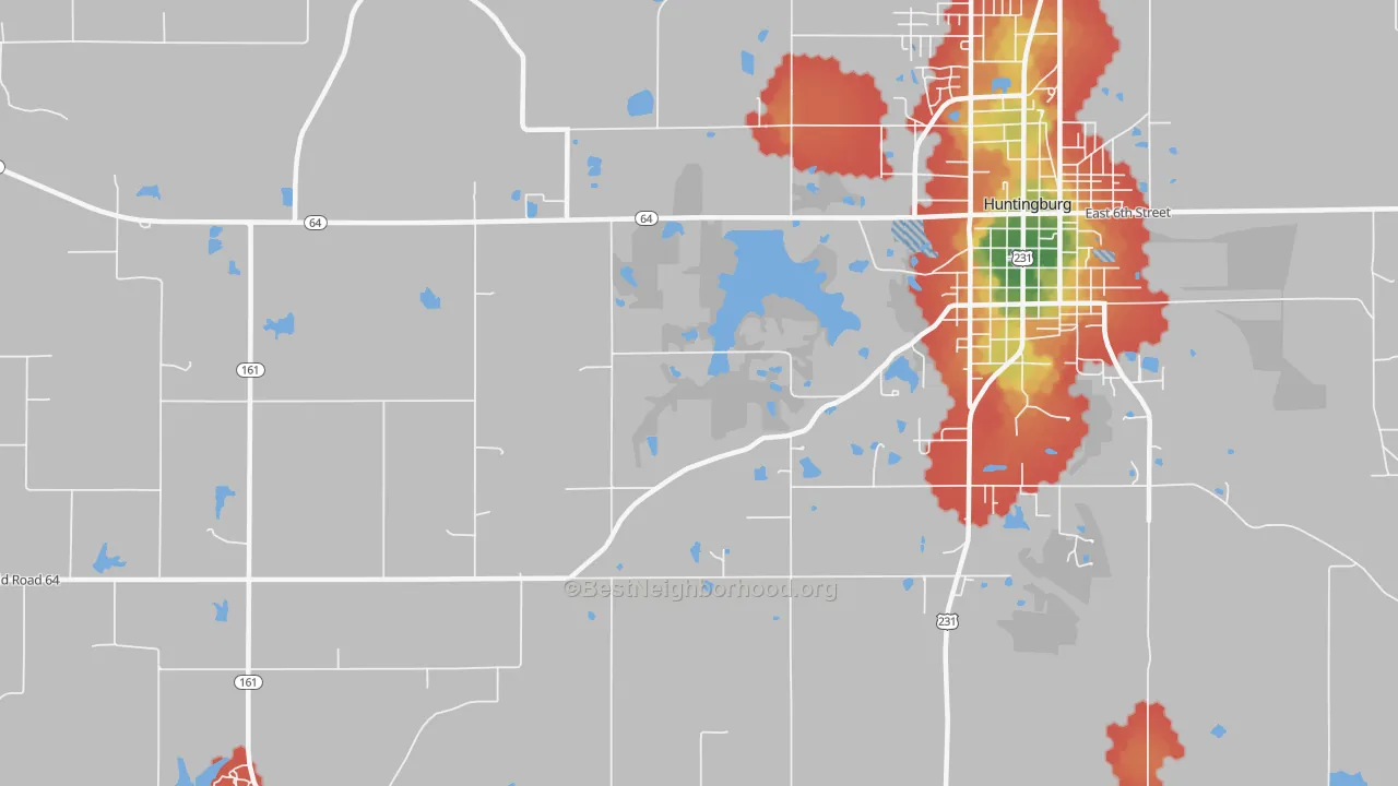 Walk Grade map of Maltersville, IN, walkable areas in green and car-dependent areas in red