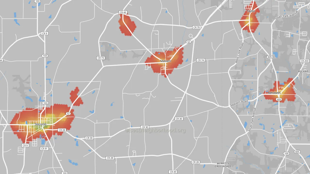 Walk Grade map of Malvern, AL, walkable areas in green and car-dependent areas in red