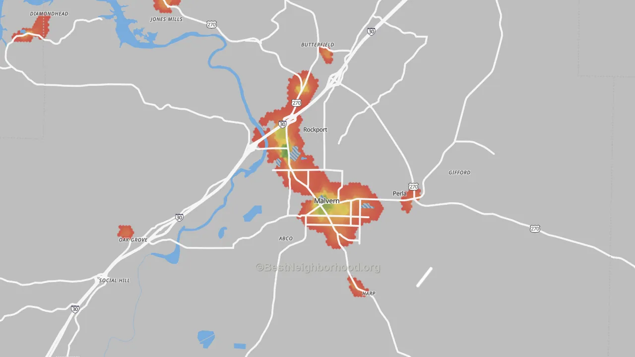 Walk Grade map of Malvern, AR, walkable areas in green and car-dependent areas in red
