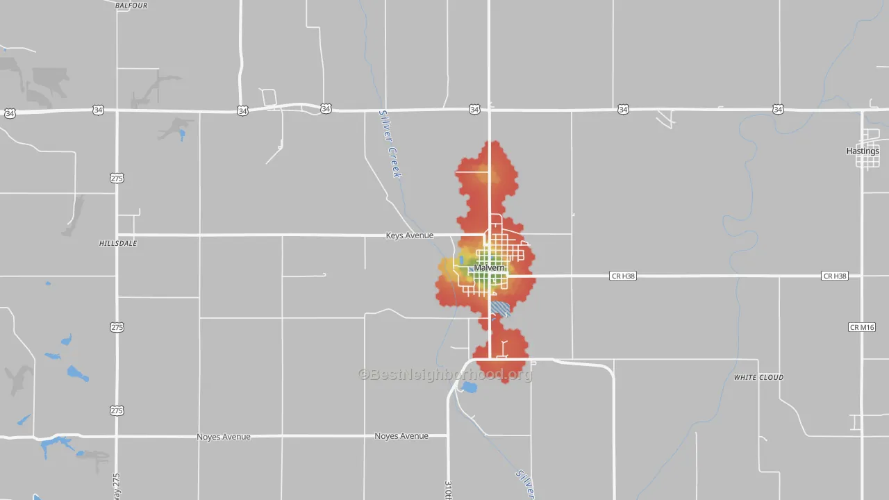 Walk Grade map of Malvern, IA, walkable areas in green and car-dependent areas in red