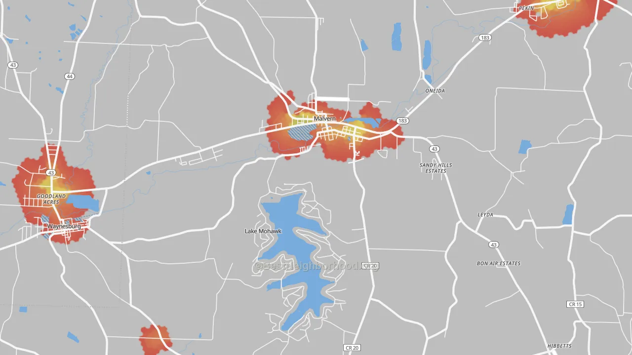Walk Grade map of Malvern, OH, walkable areas in green and car-dependent areas in red