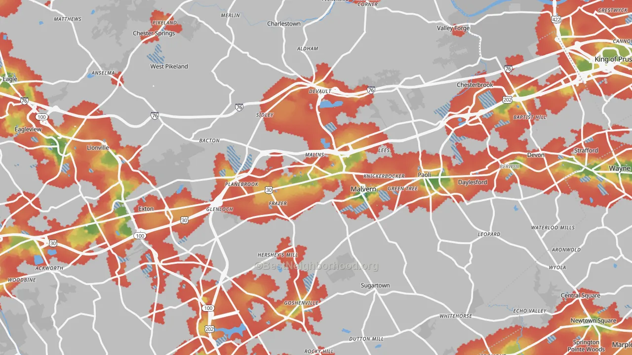 Walk Grade map of Malvern, PA, walkable areas in green and car-dependent areas in red