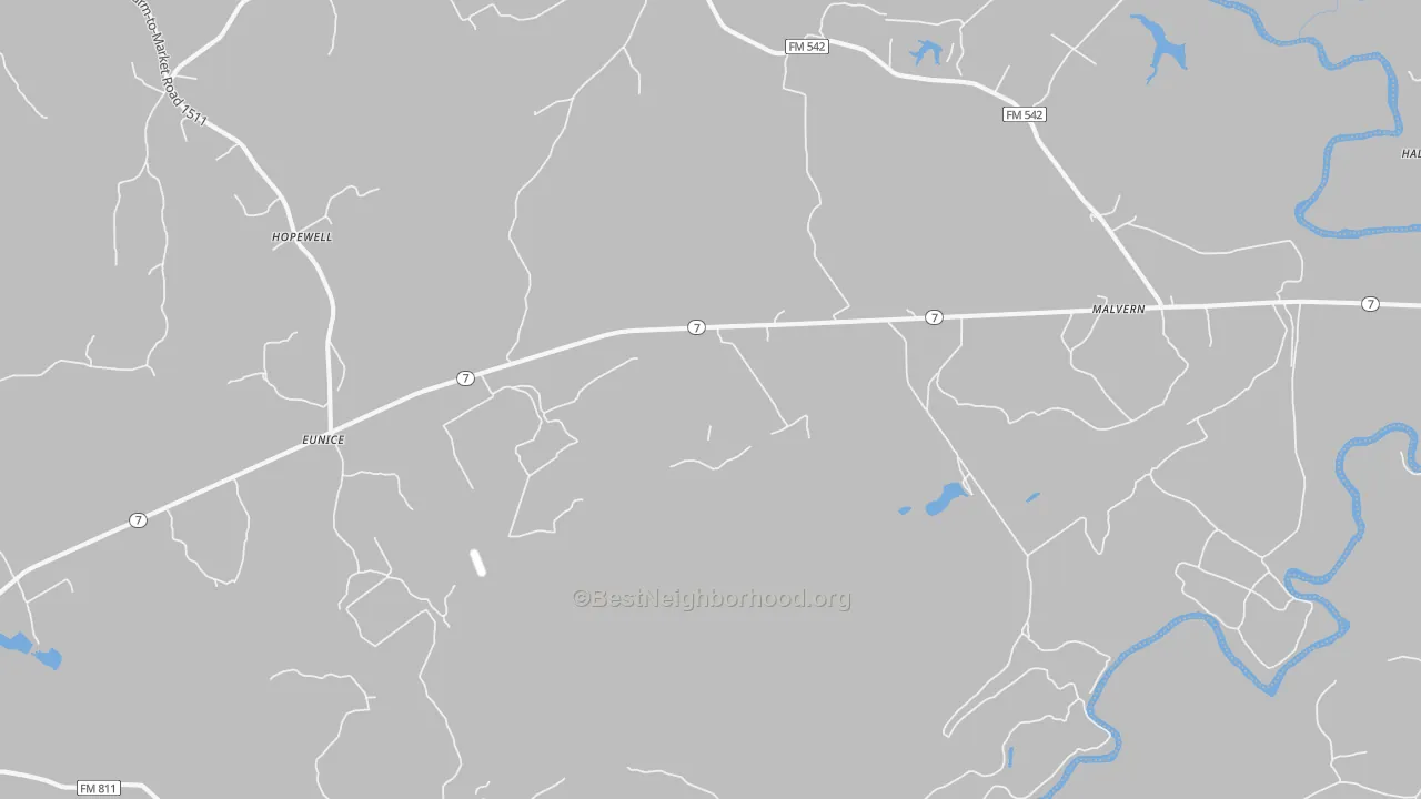 Walk Grade map of Malvern, TX, walkable areas in green and car-dependent areas in red
