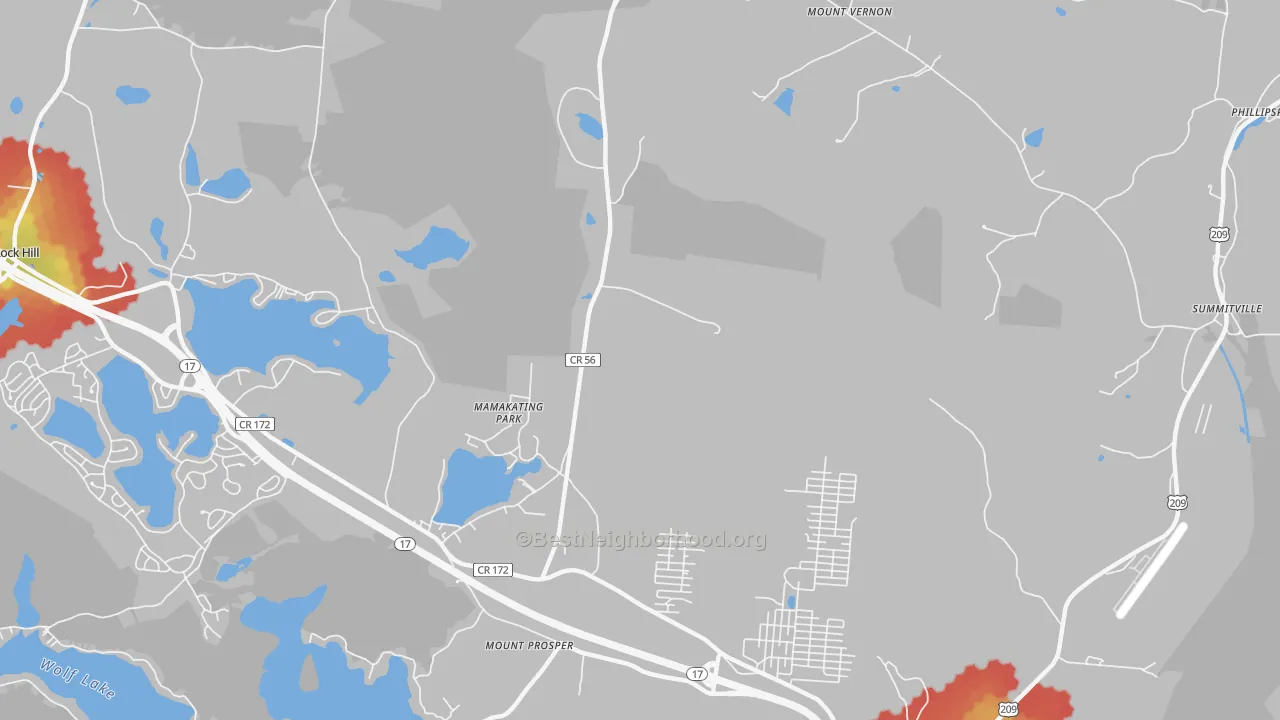 Walk Grade map of Mamakating Park, NY, walkable areas in green and car-dependent areas in red