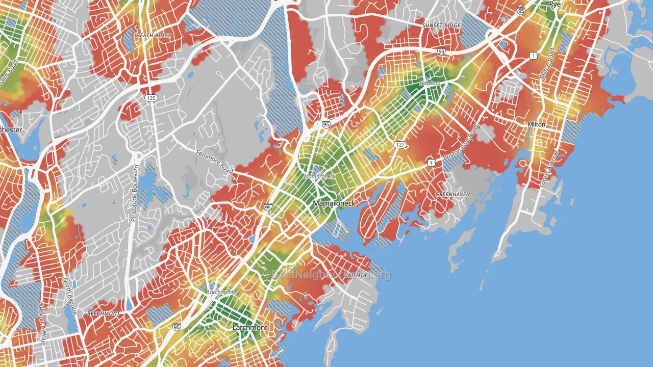 Walk Grade map of Mamaroneck, NY, walkable areas in green and car-dependent areas in red