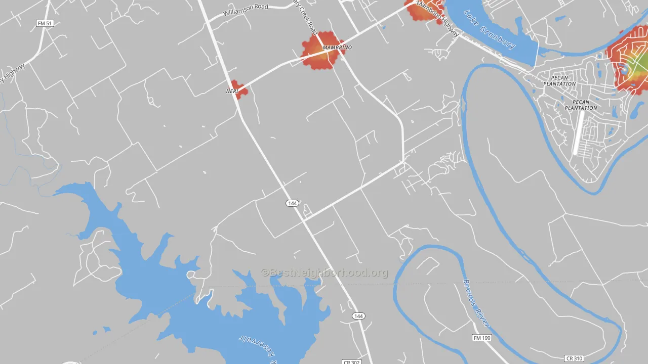 Walk Grade map of Mambrino, TX, walkable areas in green and car-dependent areas in red