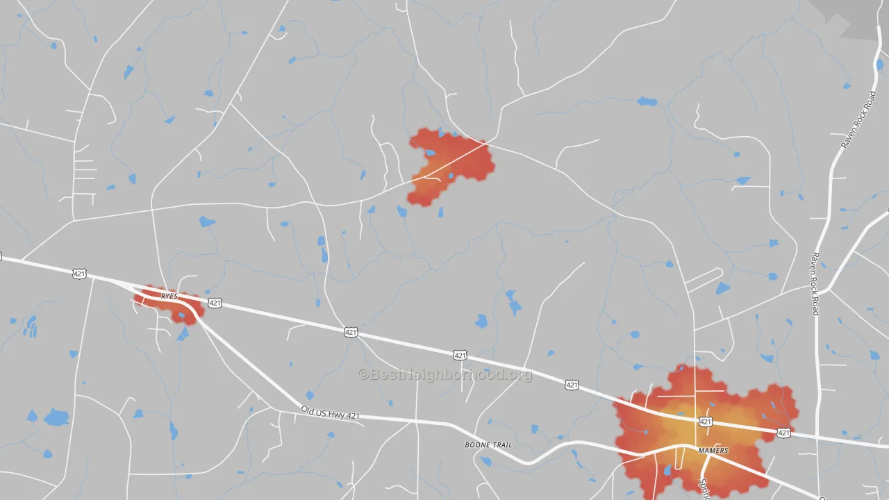 Walk Grade map of Mamers, NC, walkable areas in green and car-dependent areas in red