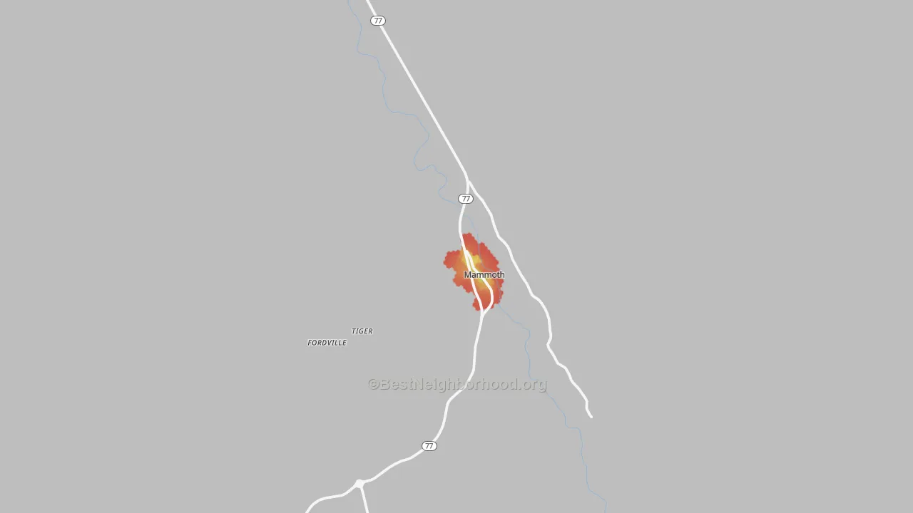 Walk Grade map of Mammoth, AZ, walkable areas in green and car-dependent areas in red