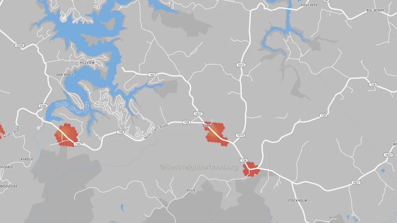Walk Grade map of Mammoth Cave, KY, walkable areas in green and car-dependent areas in red
