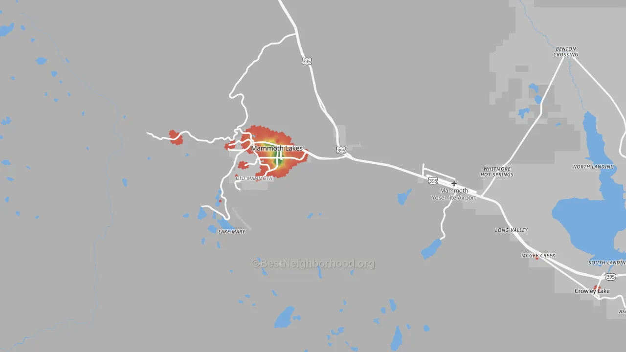 Walk Grade map of Mammoth Lakes, CA, walkable areas in green and car-dependent areas in red