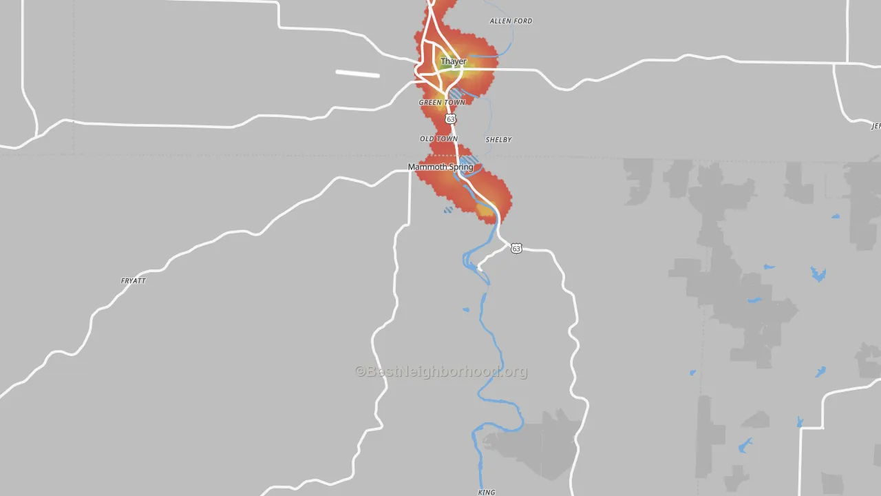 Walk Grade map of Mammoth Spring, AR, walkable areas in green and car-dependent areas in red