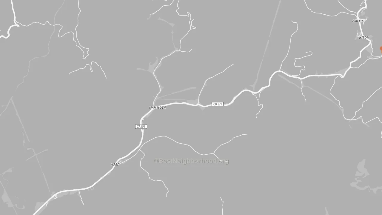 Walk Grade map of Mammoth, WV, walkable areas in green and car-dependent areas in red