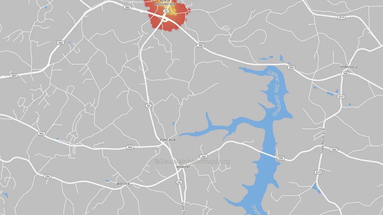 Walk Grade map of Mamont, PA, walkable areas in green and car-dependent areas in red