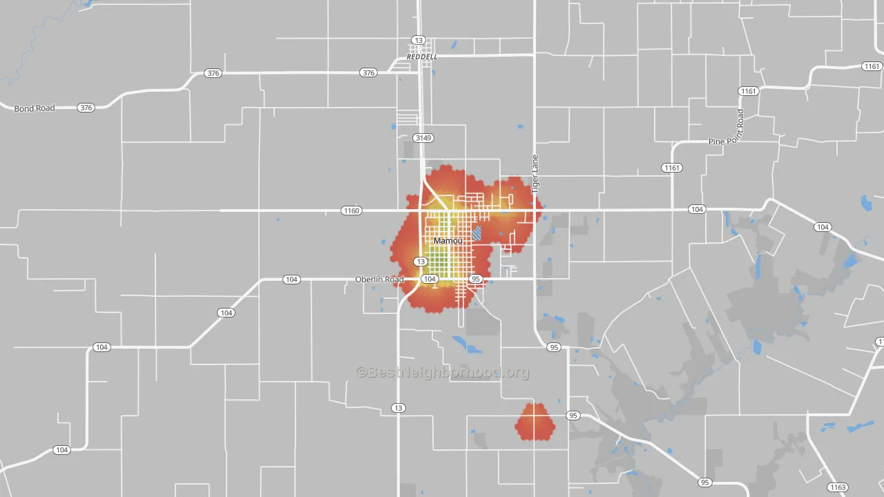 Walk Grade map of Mamou, LA, walkable areas in green and car-dependent areas in red