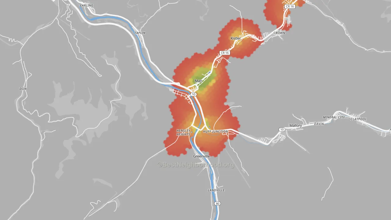 Walk Grade map of Man, WV, walkable areas in green and car-dependent areas in red