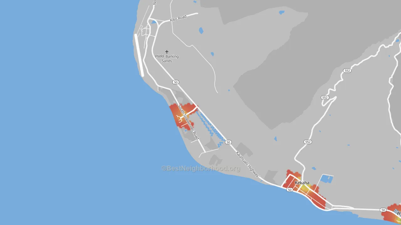 Walk Grade map of Mana, HI, walkable areas in green and car-dependent areas in red
