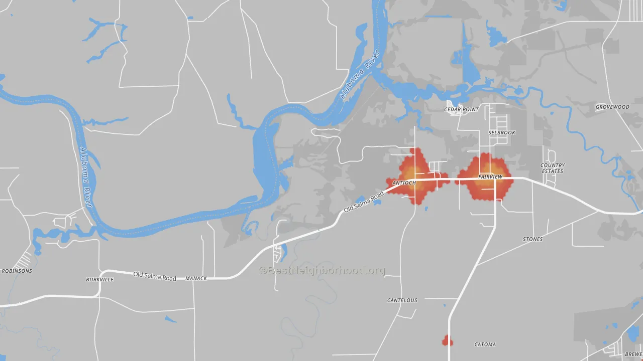 Walk Grade map of Manack, AL, walkable areas in green and car-dependent areas in red