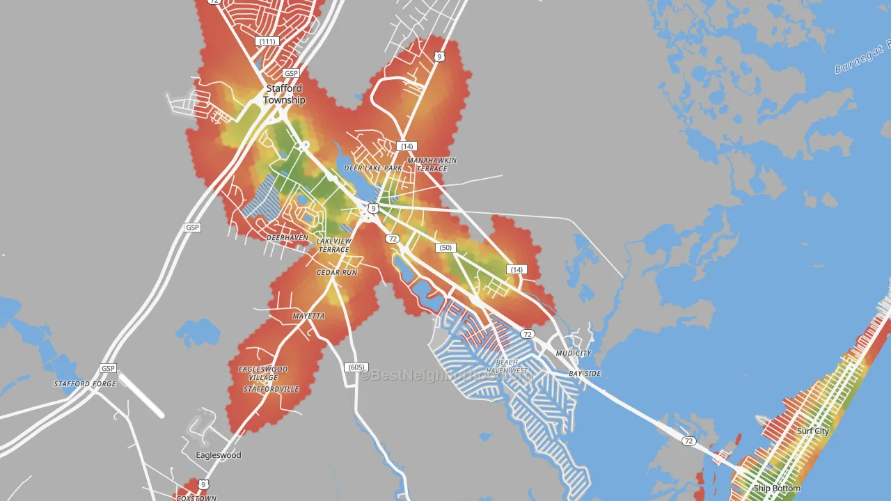 Walk Grade map of Manahawkin, NJ, walkable areas in green and car-dependent areas in red