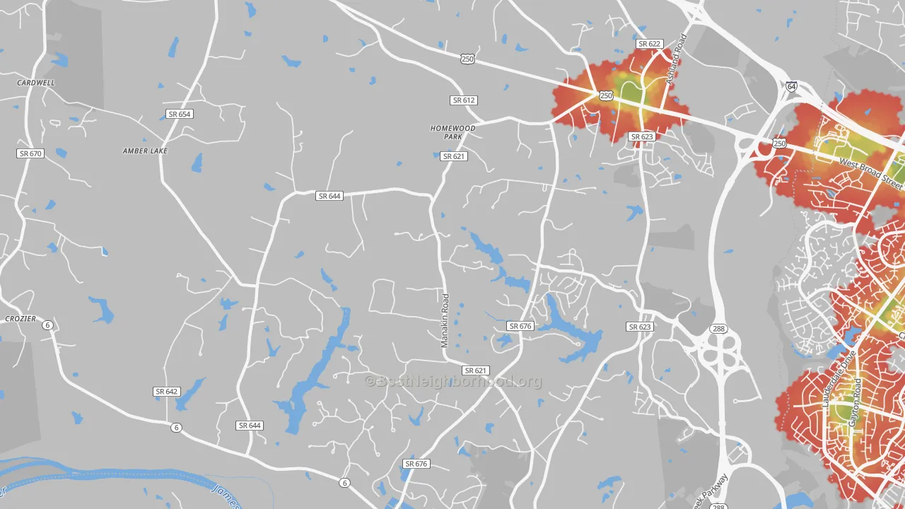 Walk Grade map of Manakin-Sabot, VA, walkable areas in green and car-dependent areas in red