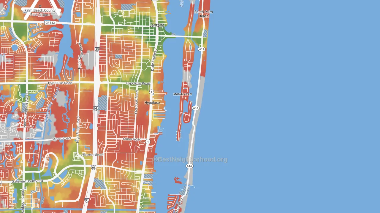 Walk Grade map of Manalapan, FL, walkable areas in green and car-dependent areas in red