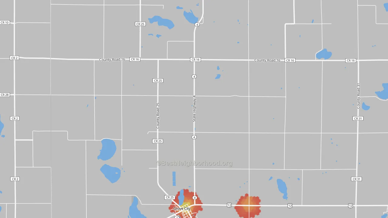 Walk Grade map of Manannah, MN, walkable areas in green and car-dependent areas in red