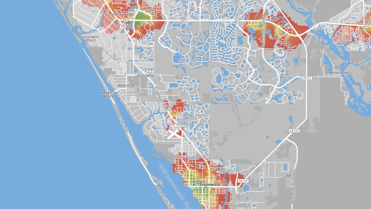 Walk Grade map of Manasota, FL, walkable areas in green and car-dependent areas in red
